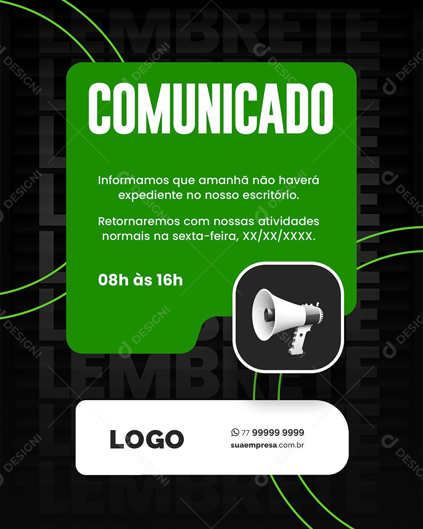 Comunicado Importante Informamos que Amanhã não Haverá Expediente Social Media  PSD Editável