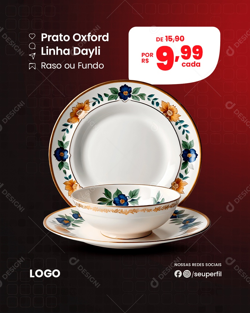 Prato Oxford Linha Dayli Raso ou Fundo de 15,90 por 9,99 Cada Social Media PSD Editável