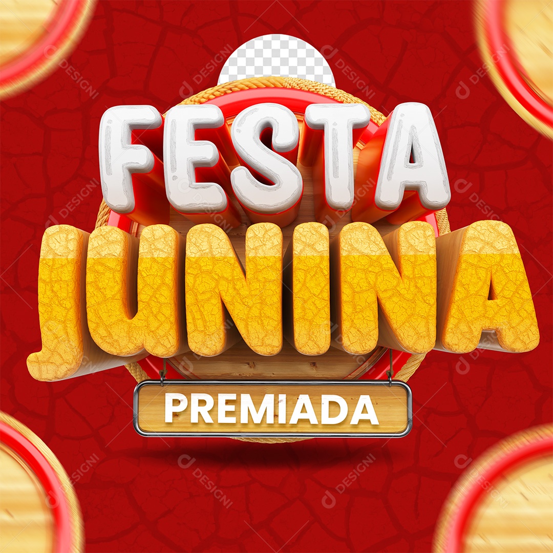Selo 3D Festa Junina Premiada Branco e Amarelo para Composição PSD