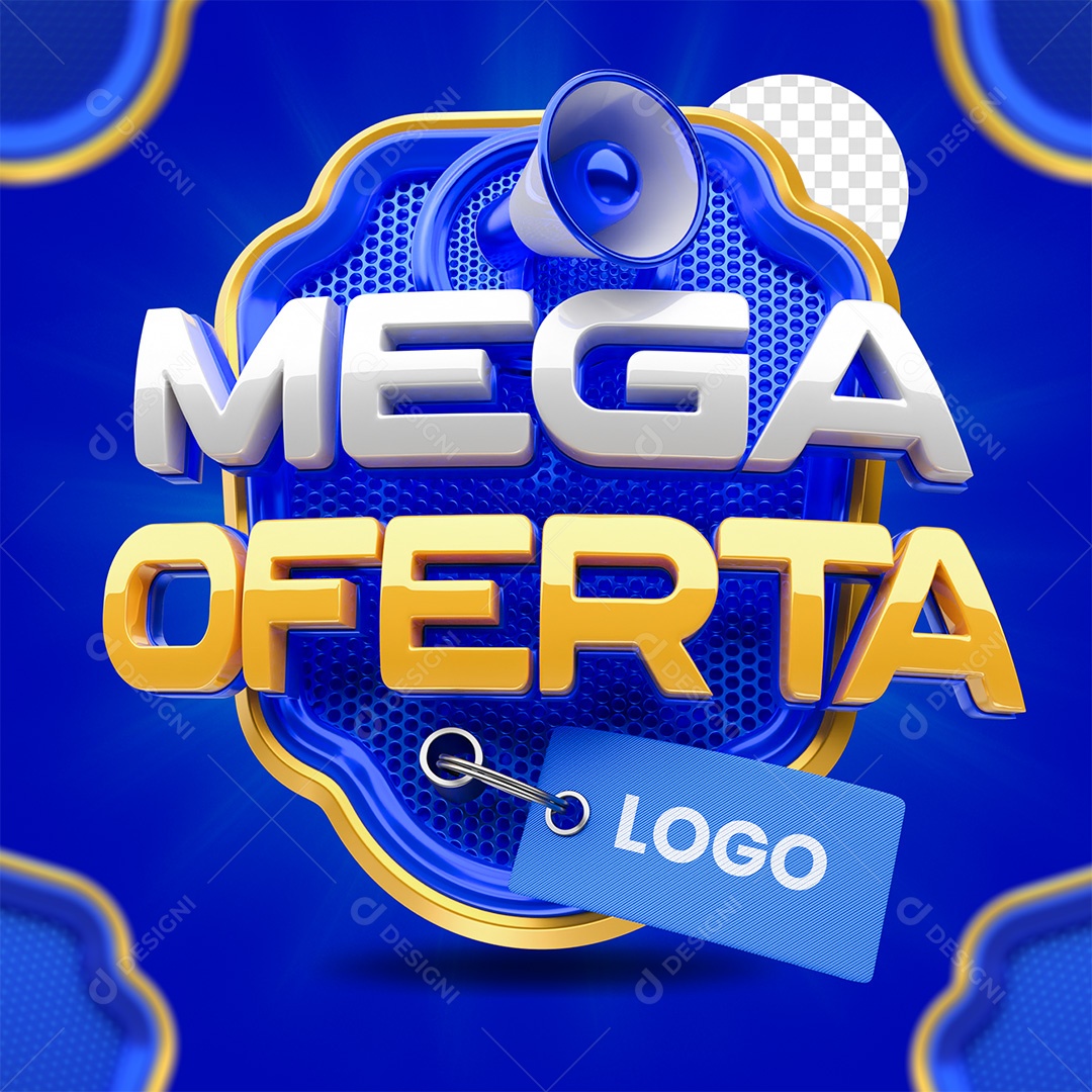 Selo 3D Mega Oferta Branco Amarelo e Azul para Composição PSD