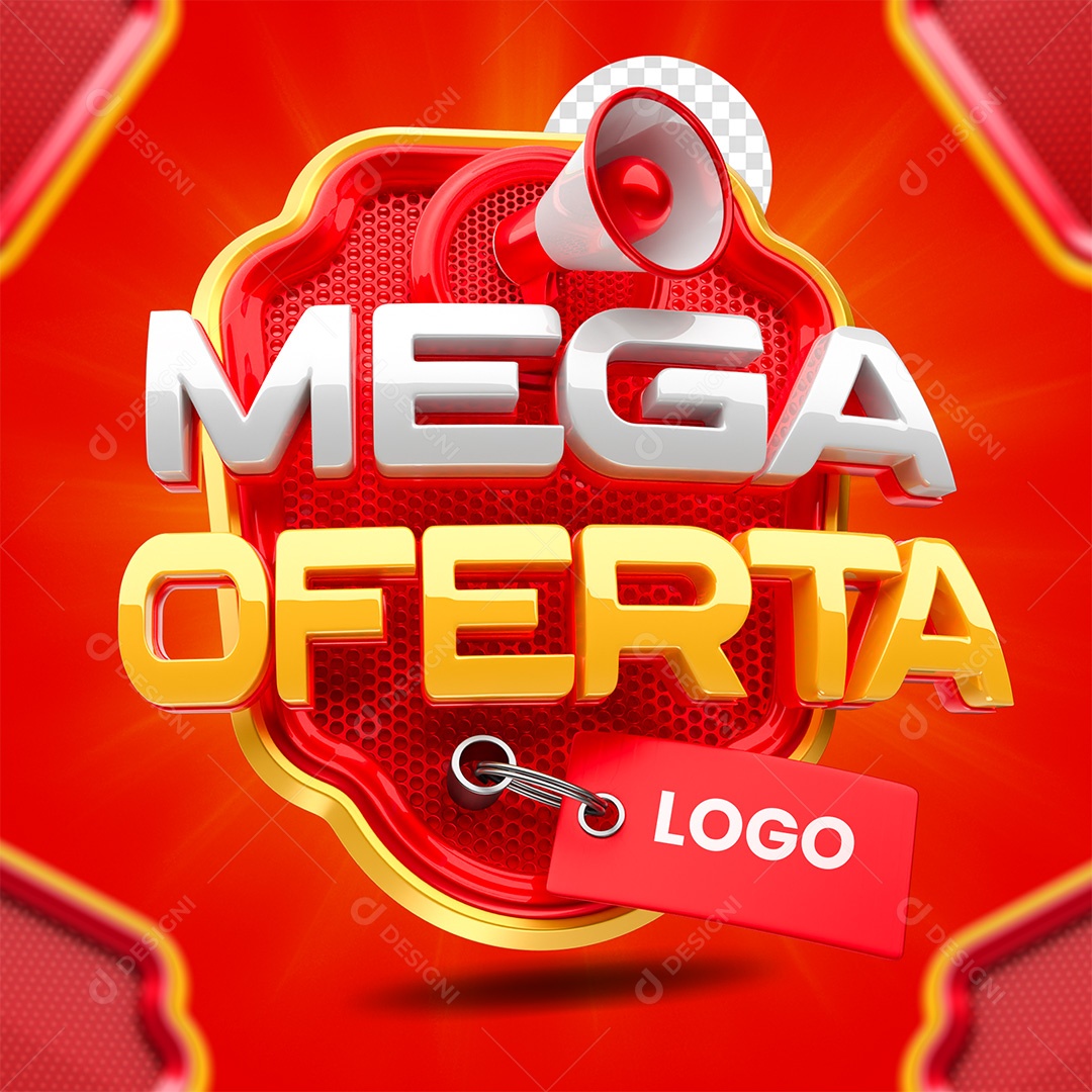Selo 3D Mega Oferta Branco Amarelo e Vermelho para Composição PSD