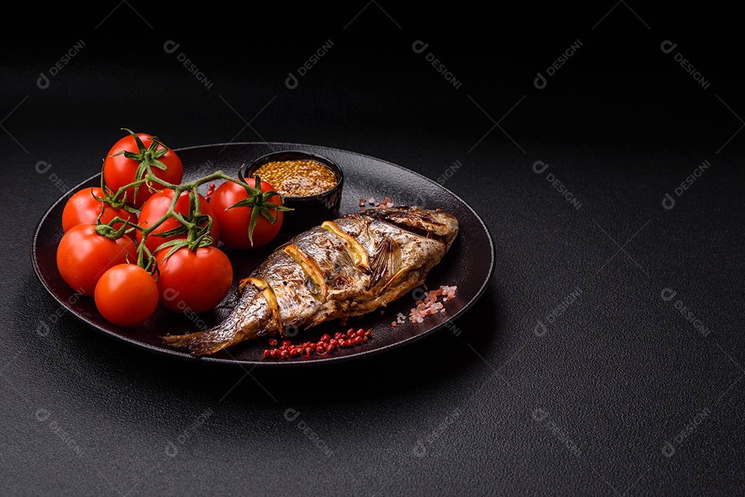Delicioso dorado assado na grelha com sal, especiarias e ervas sobre um fundo escuro texturizado