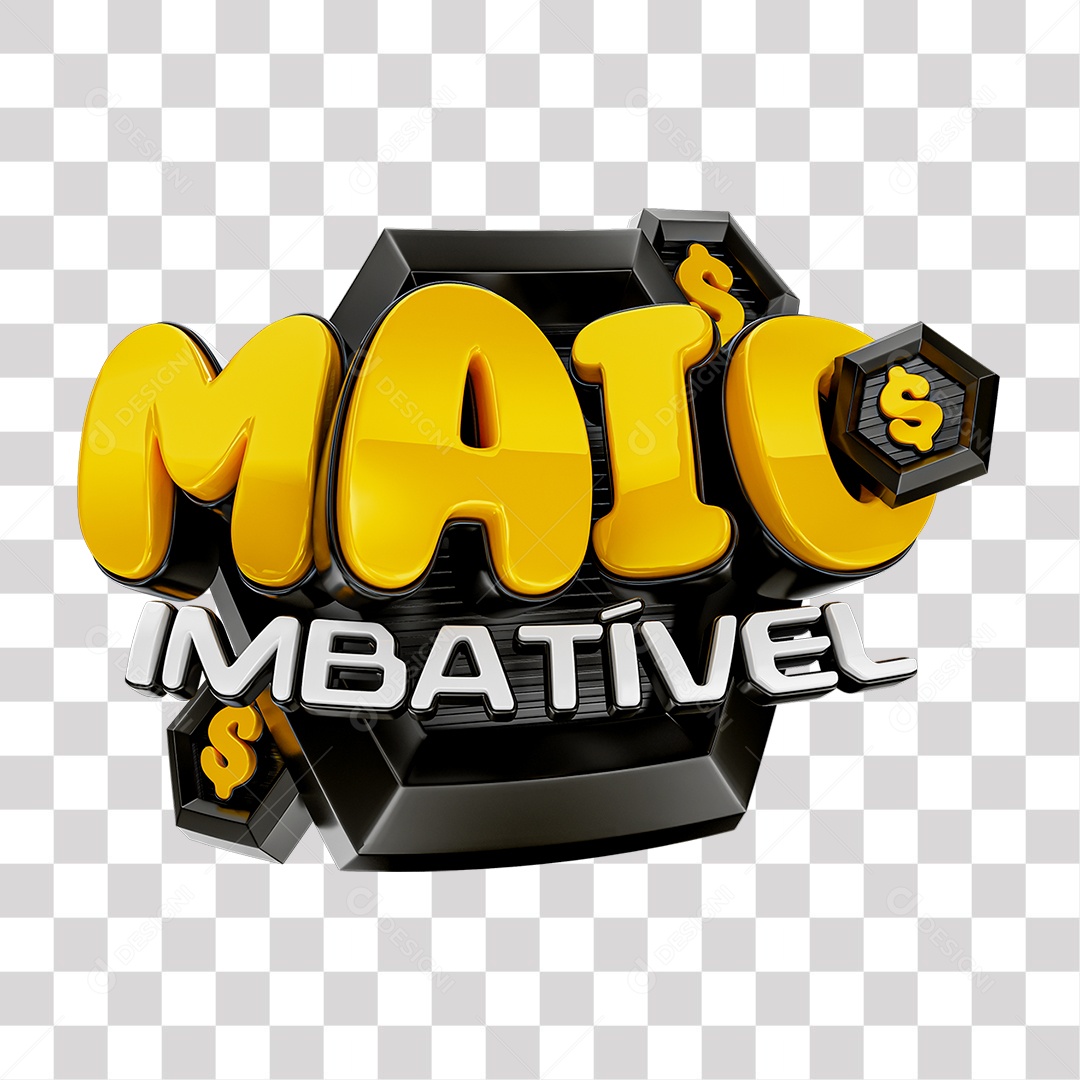 Maio Imbatível Selo 3D Preto Amarelo e Branco para Composição PNG Transparente