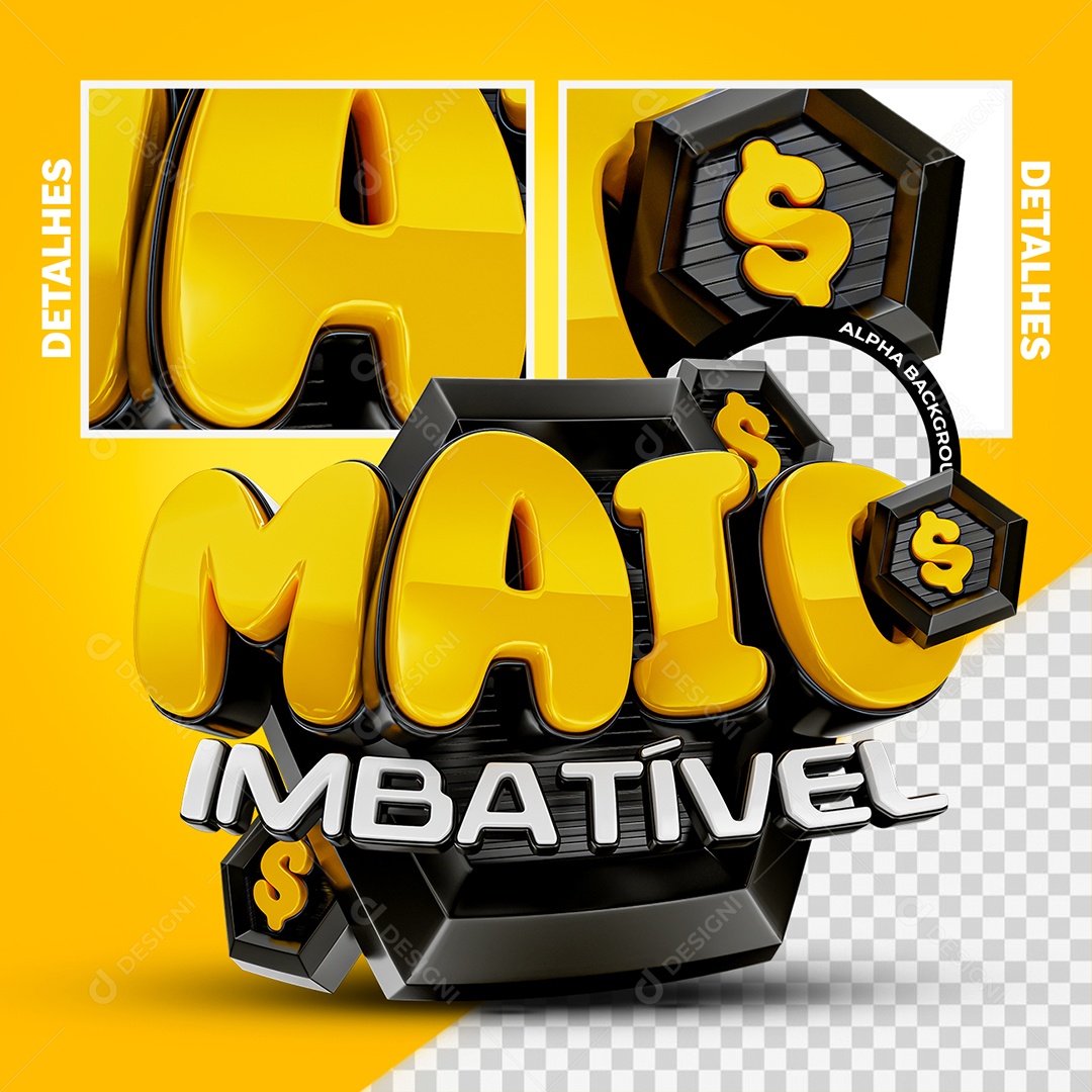 Maio Imbatível Selo 3D Preto Amarelo e Branco para Composição PSD