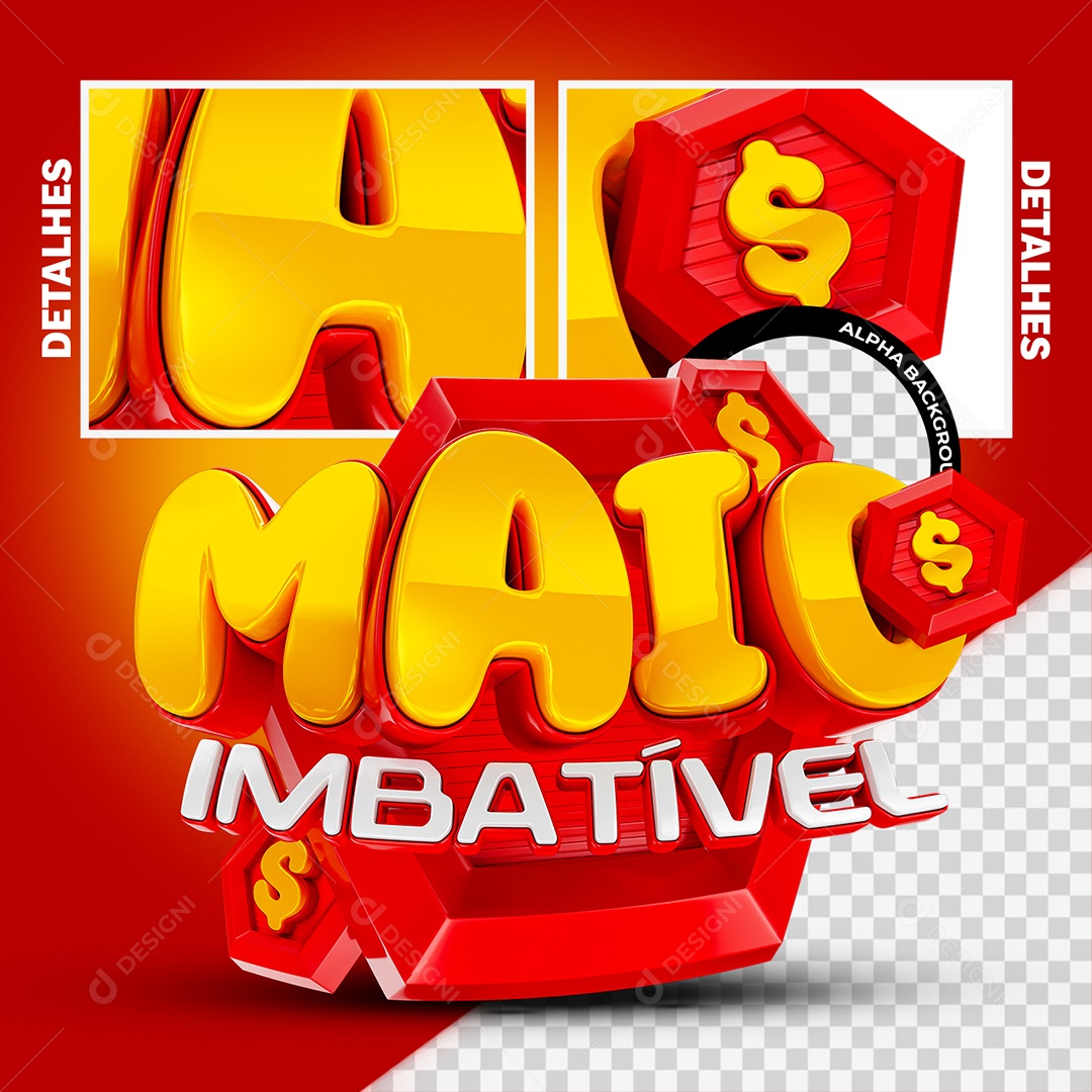 Maio Imbatível Selo 3D Vermelho Amarelo e Branco para Composição PSD