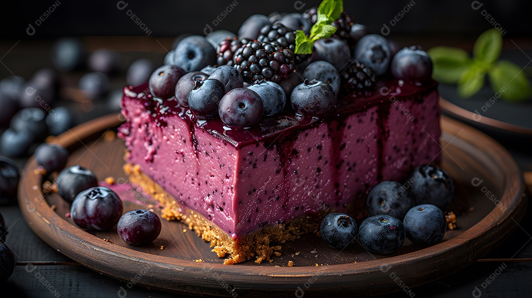 Delicioso bolo de mirtilo sobre mesa de madeira