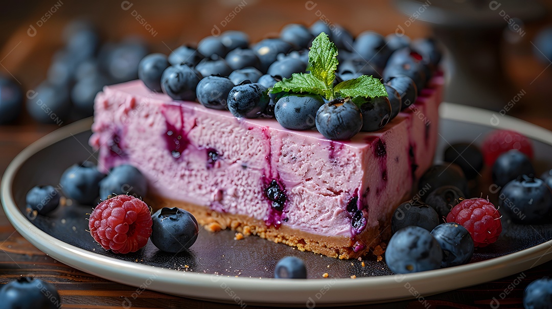 Delicioso bolo de mirtilo sobre mesa de madeira