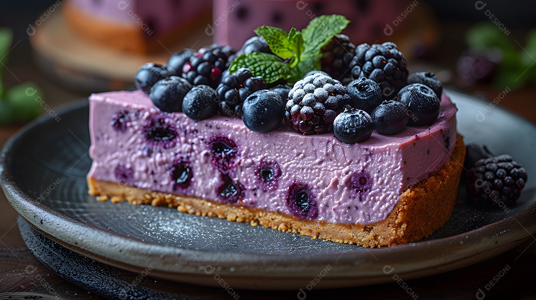 Delicioso bolo de mirtilo sobre mesa de madeira