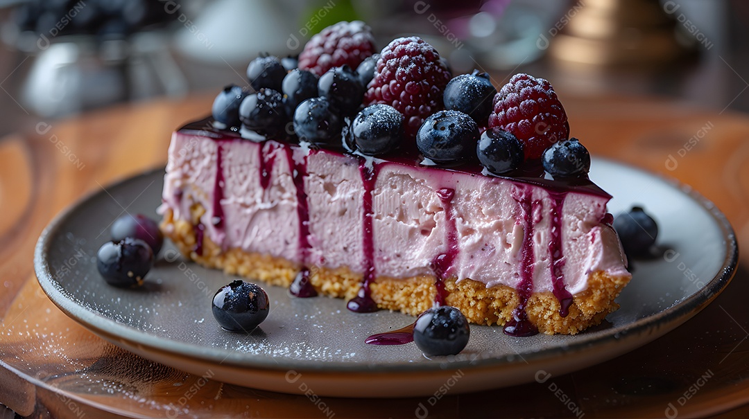 Delicioso bolo de mirtilo sobre mesa de madeira