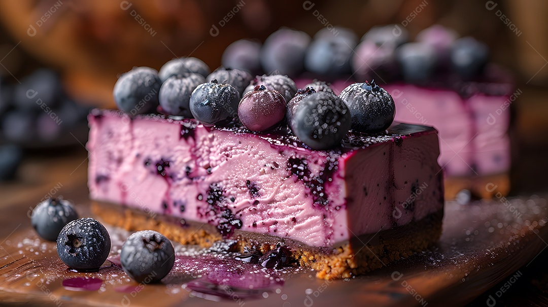 Delicioso bolo de mirtilo sobre mesa de madeira