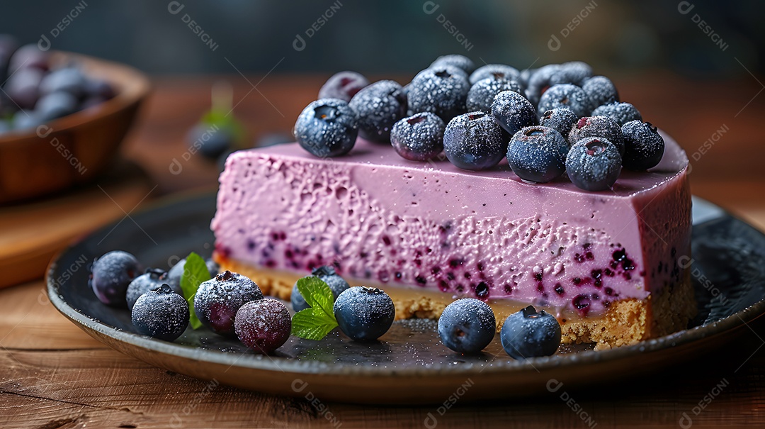 Delicioso bolo de mirtilo sobre mesa de madeira