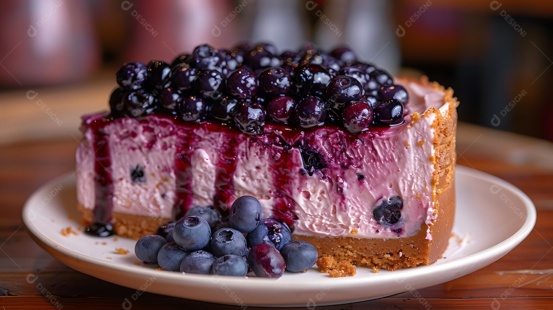 Delicioso bolo de mirtilo sobre mesa de madeira