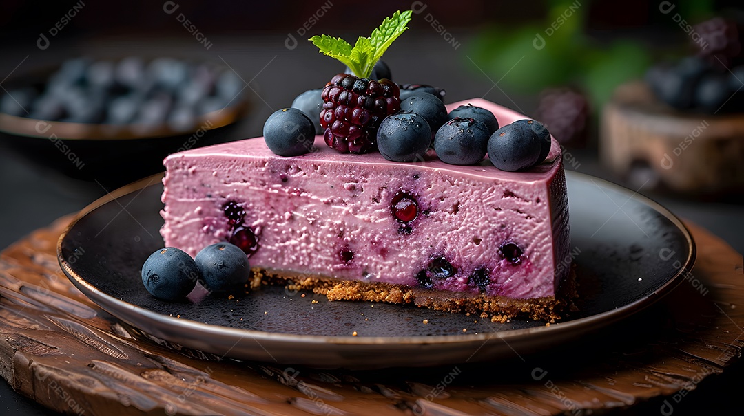 Delicioso bolo de mirtilo sobre mesa de madeira