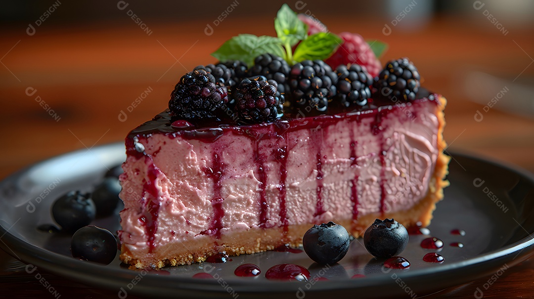 Delicioso bolo de mirtilo sobre mesa de madeira