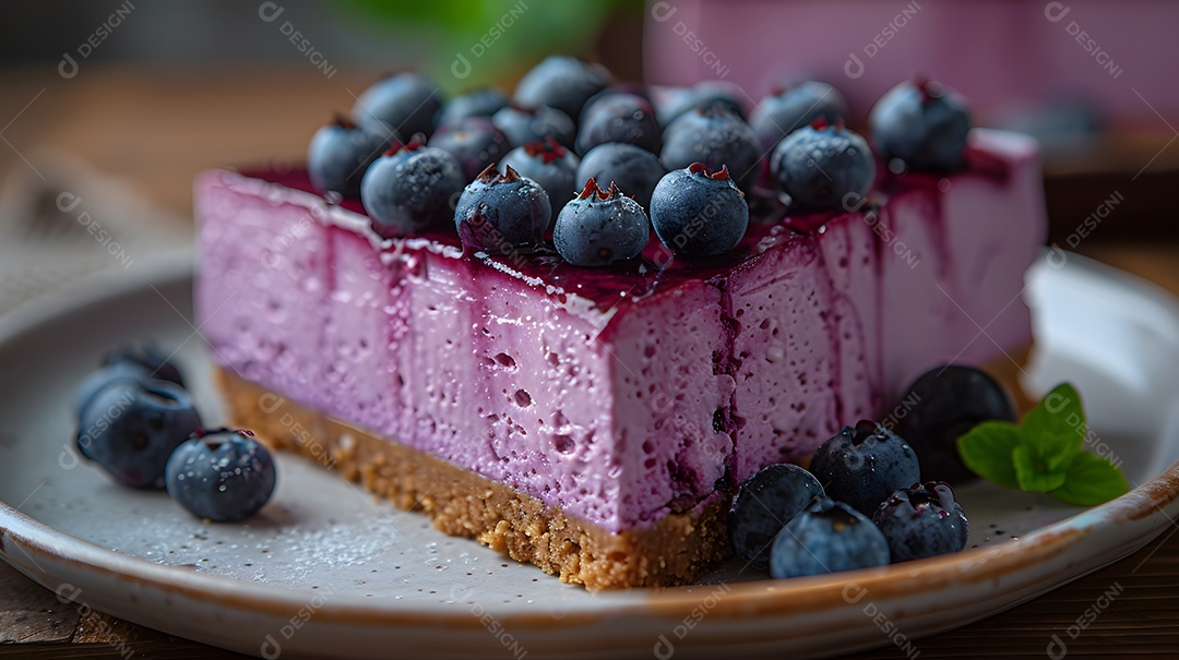 Delicioso bolo de mirtilo sobre mesa de madeira