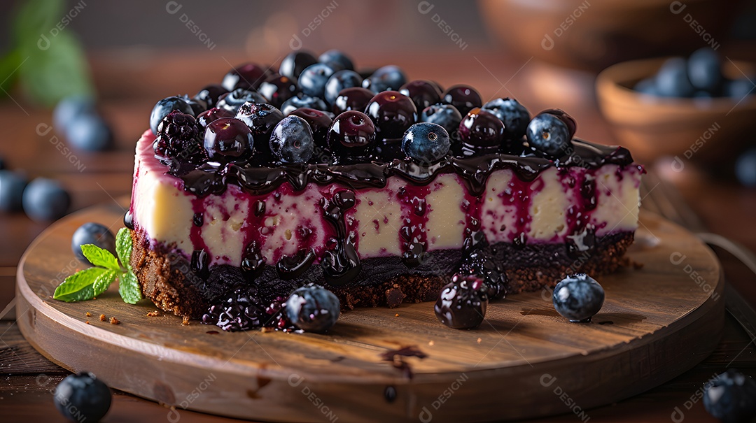 Delicioso bolo de mirtilo sobre mesa de madeira