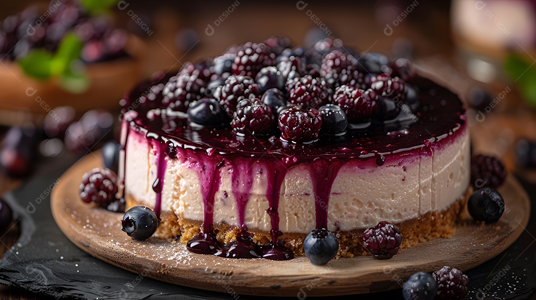Delicioso bolo de mirtilo sobre mesa de madeira
