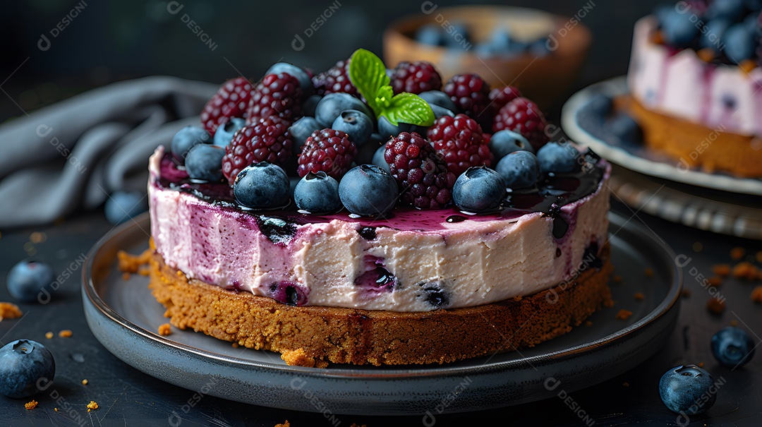 Delicioso bolo de mirtilo sobre mesa de madeira