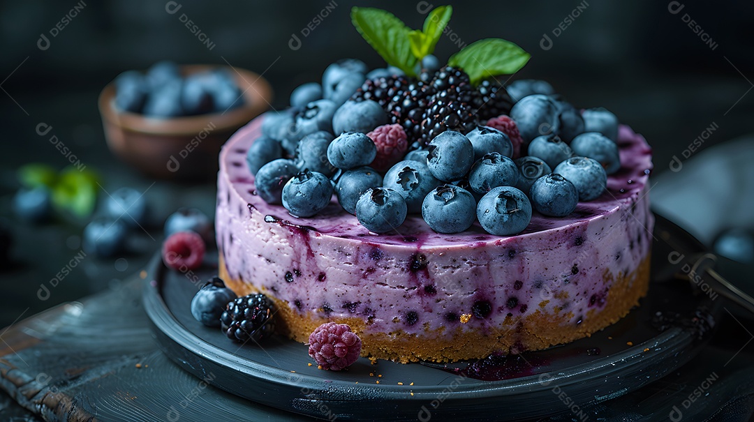 Delicioso bolo de mirtilo sobre mesa de madeira