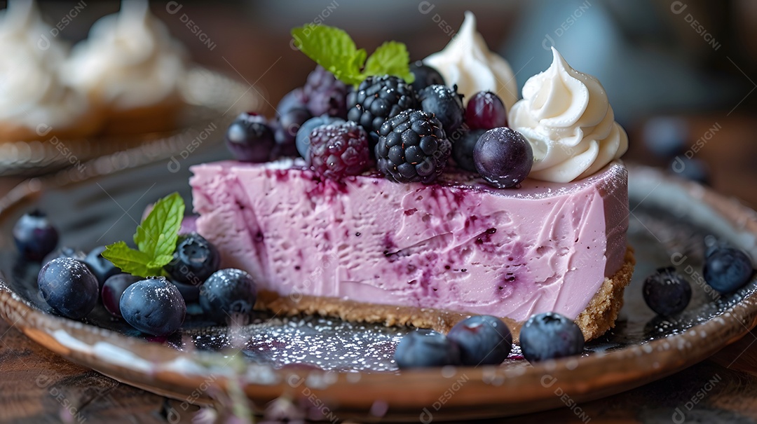 Delicioso bolo de mirtilo sobre mesa de madeira