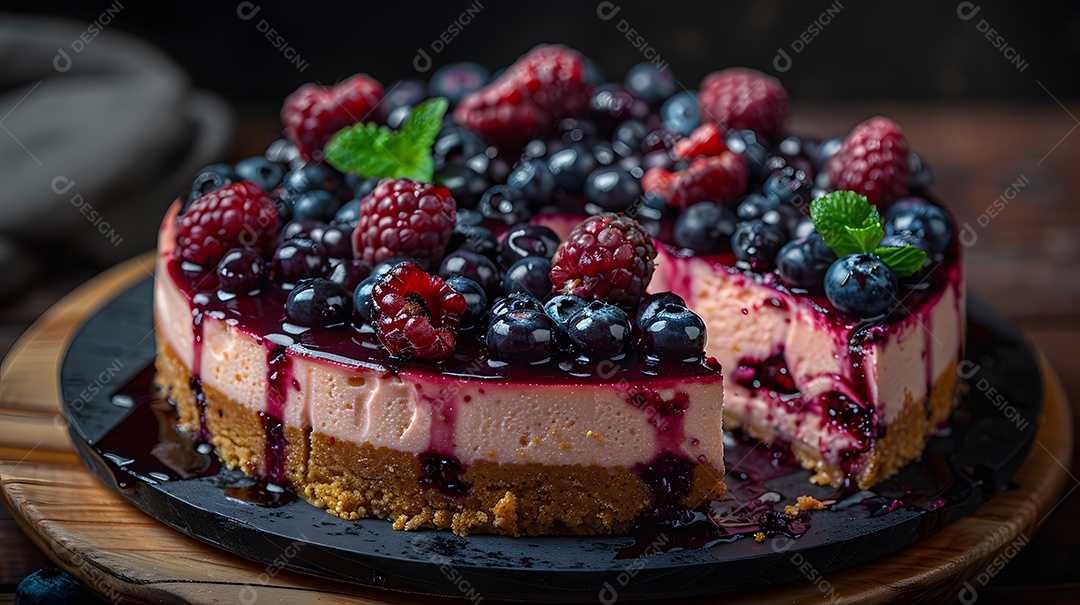 Delicioso bolo de mirtilo sobre mesa de madeira