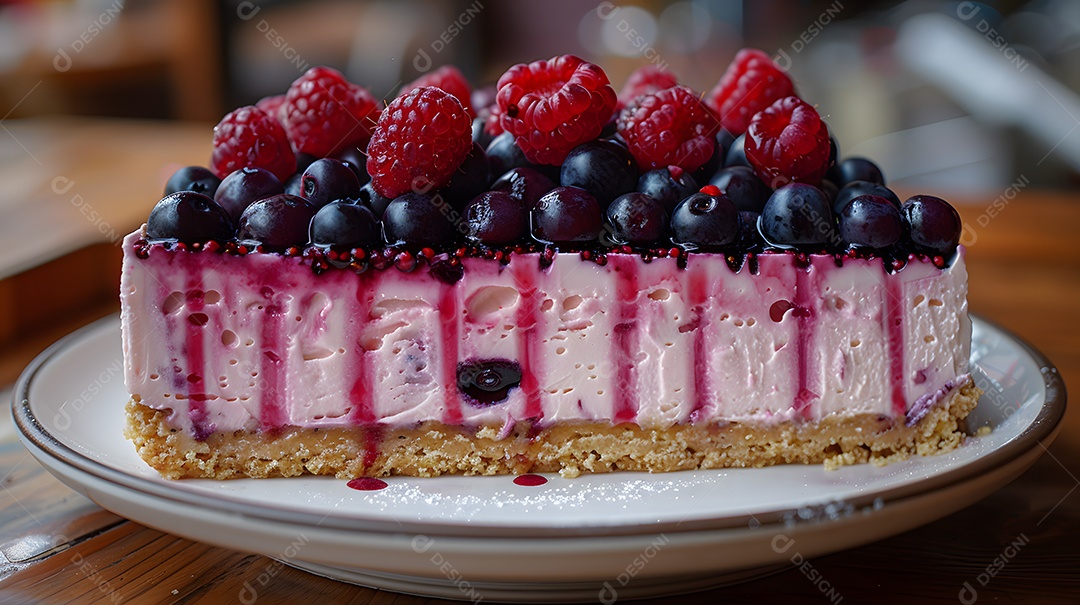 Delicioso bolo de mirtilo sobre mesa de madeira