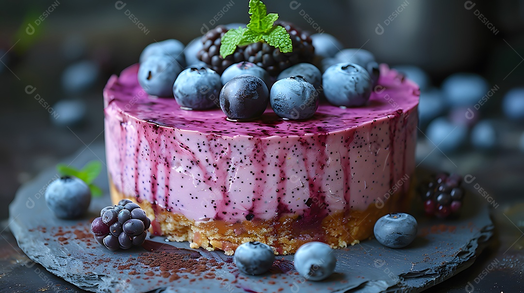 Delicioso bolo de mirtilo sobre mesa de madeira