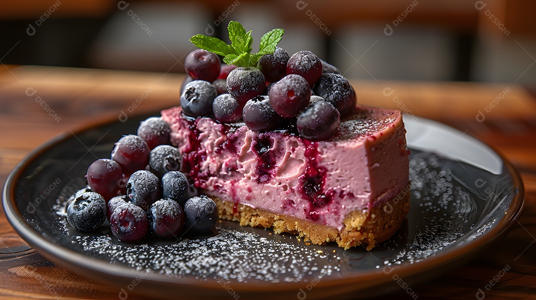 Delicioso bolo de mirtilo sobre mesa de madeira