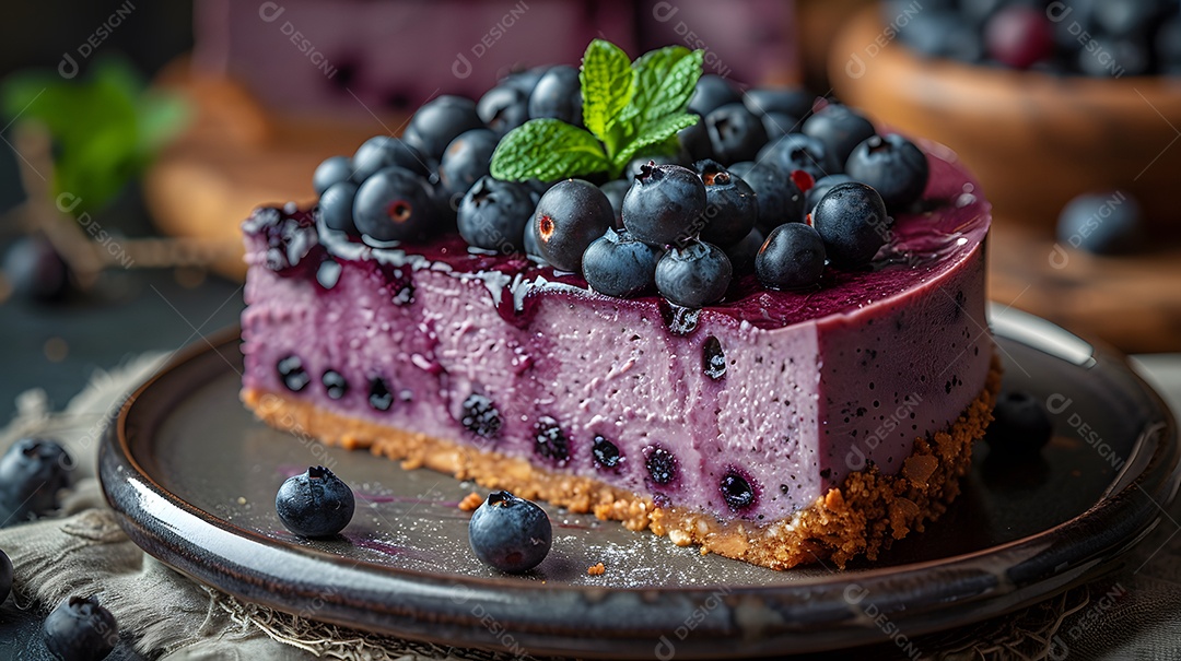 Delicioso bolo de mirtilo sobre mesa de madeira