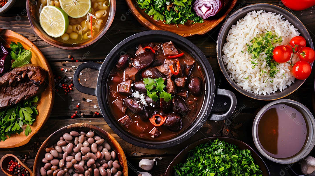 Deliciosa feijoada sobre uma mesa de madeira