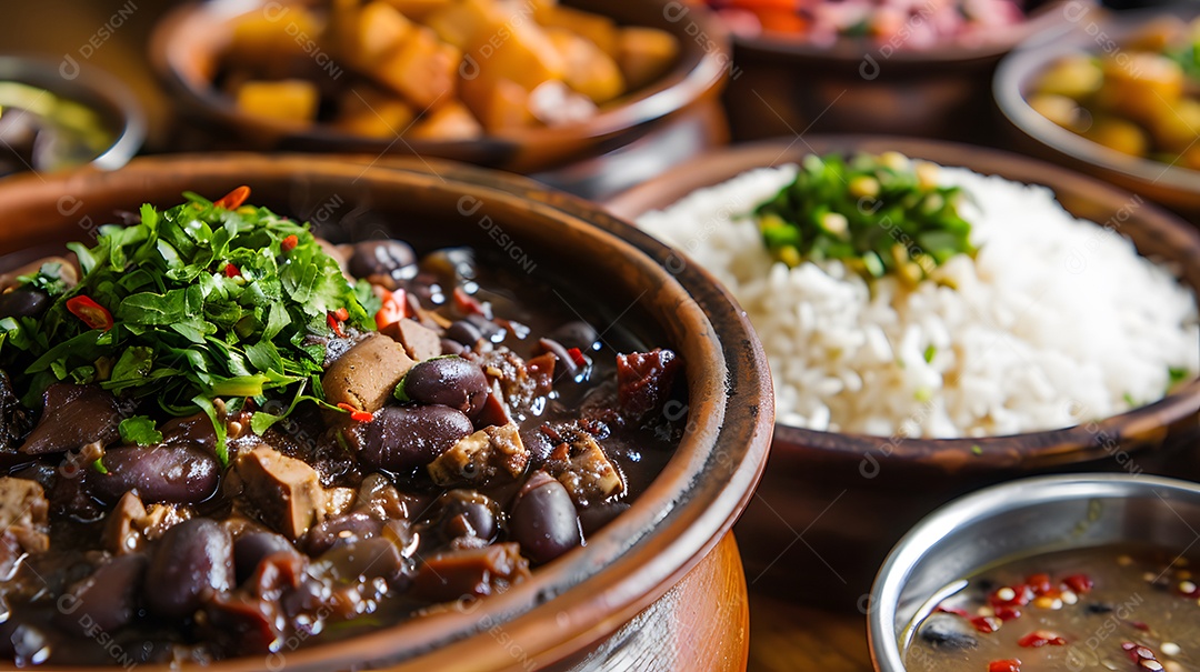 Deliciosa feijoada sobre uma mesa de madeira