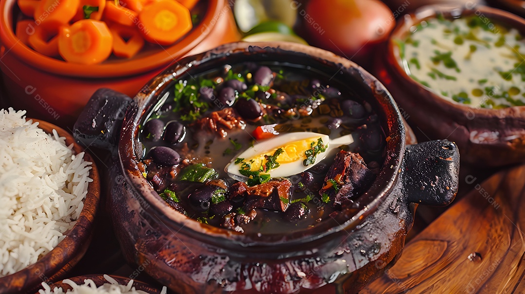 Deliciosa feijoada sobre uma mesa de madeira