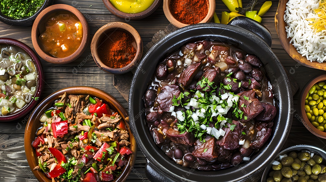 Deliciosa feijoada sobre uma mesa de madeira