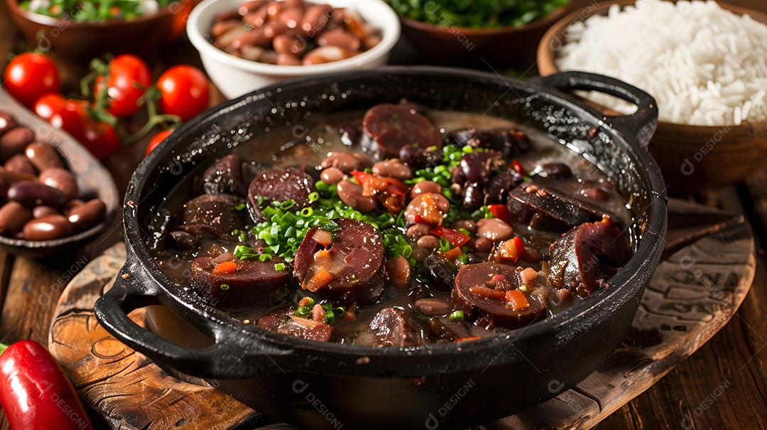 Deliciosa feijoada sobre uma mesa de madeira