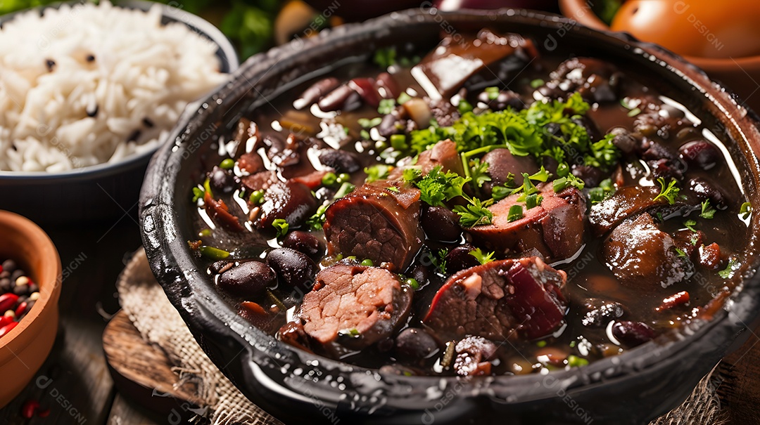 Deliciosa feijoada sobre uma mesa de madeira