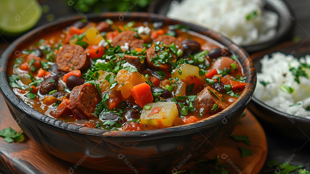 Deliciosa feijoada sobre uma mesa de madeira