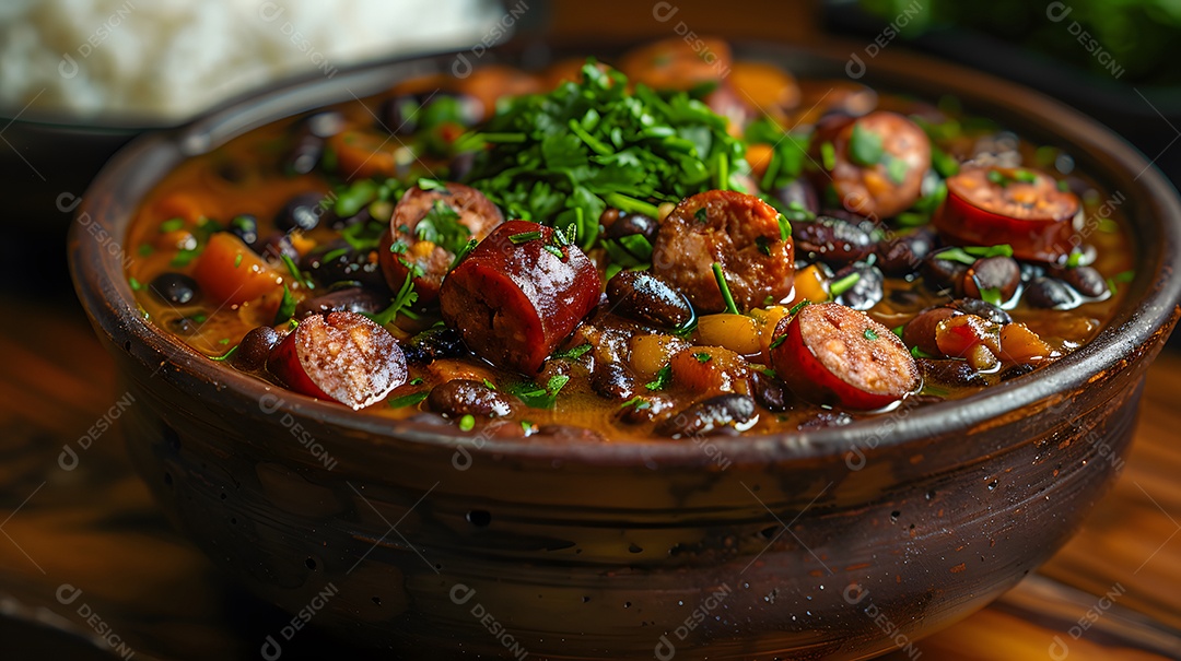 Deliciosa feijoada sobre uma mesa de madeira