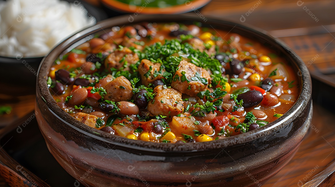 Deliciosa feijoada sobre uma mesa de madeira