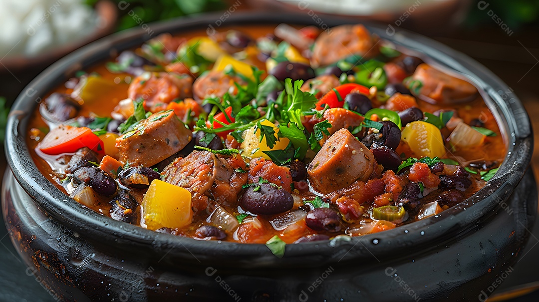 Deliciosa feijoada sobre uma mesa de madeira
