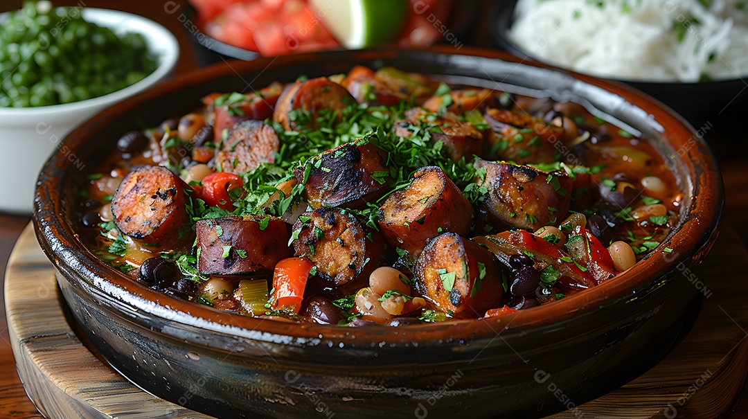 Deliciosa feijoada sobre uma mesa de madeira