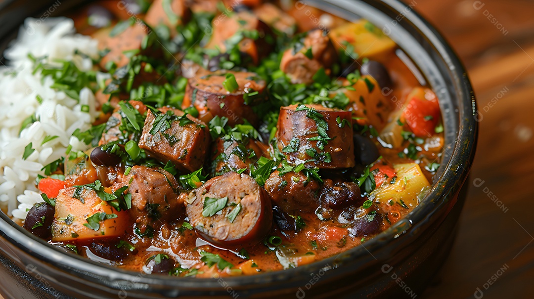 Deliciosa feijoada sobre uma mesa de madeira