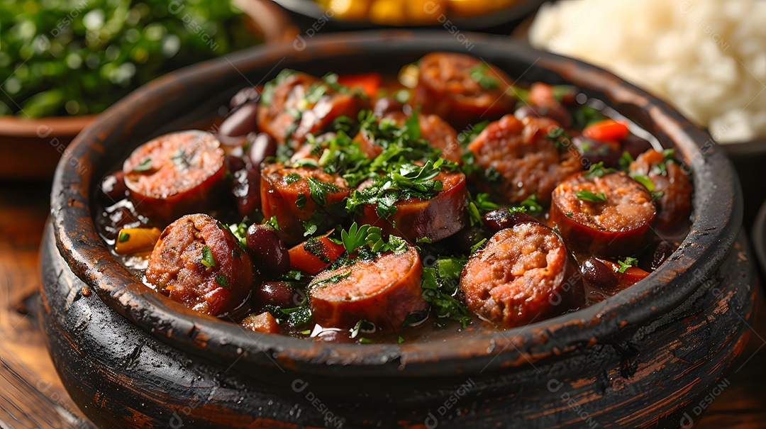 Deliciosa feijoada sobre uma mesa de madeira