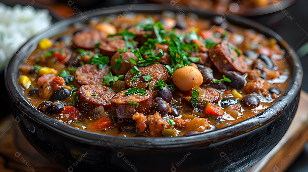 Deliciosa feijoada sobre uma mesa de madeira