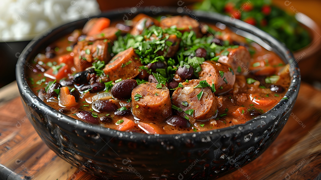Deliciosa feijoada sobre uma mesa de madeira