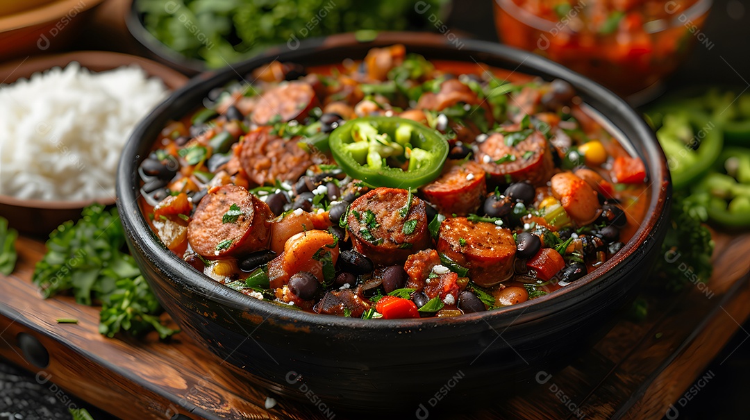 Deliciosa feijoada sobre uma mesa de madeira