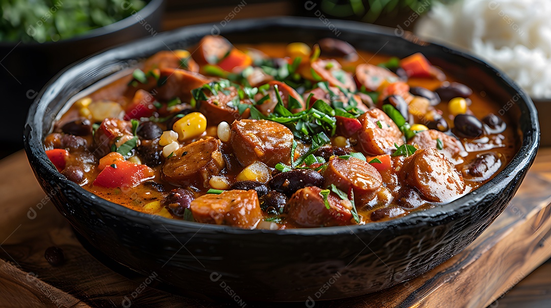Deliciosa feijoada sobre uma mesa de madeira