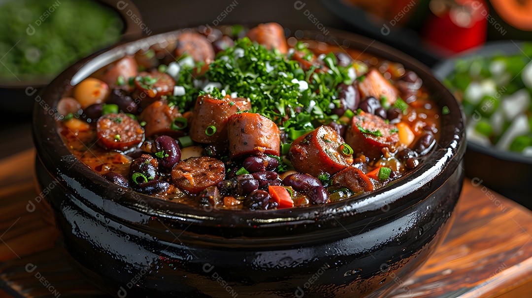 Deliciosa feijoada sobre uma mesa de madeira
