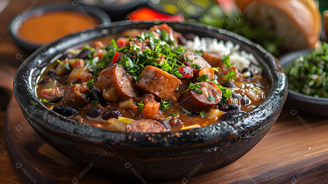 Deliciosa feijoada sobre uma mesa de madeira