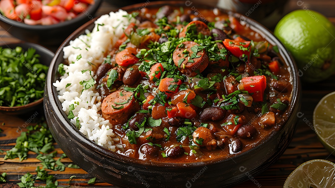 Deliciosa feijoada sobre uma mesa de madeira