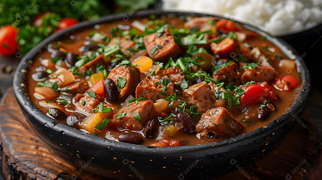 Deliciosa feijoada sobre uma mesa de madeira